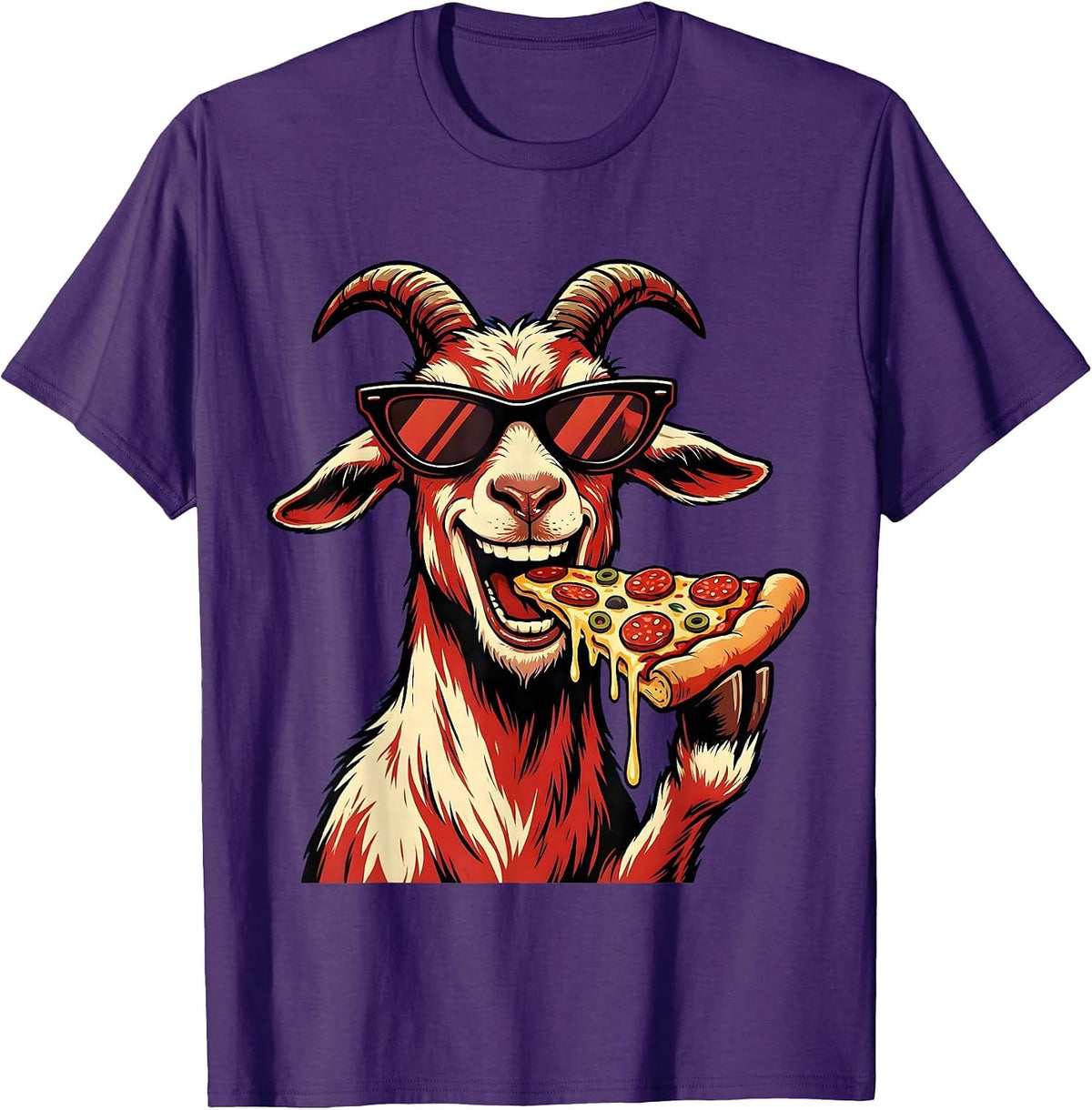 Cool Goat in Sunglasses Eating Pizza Funny T-Shirt - Purple