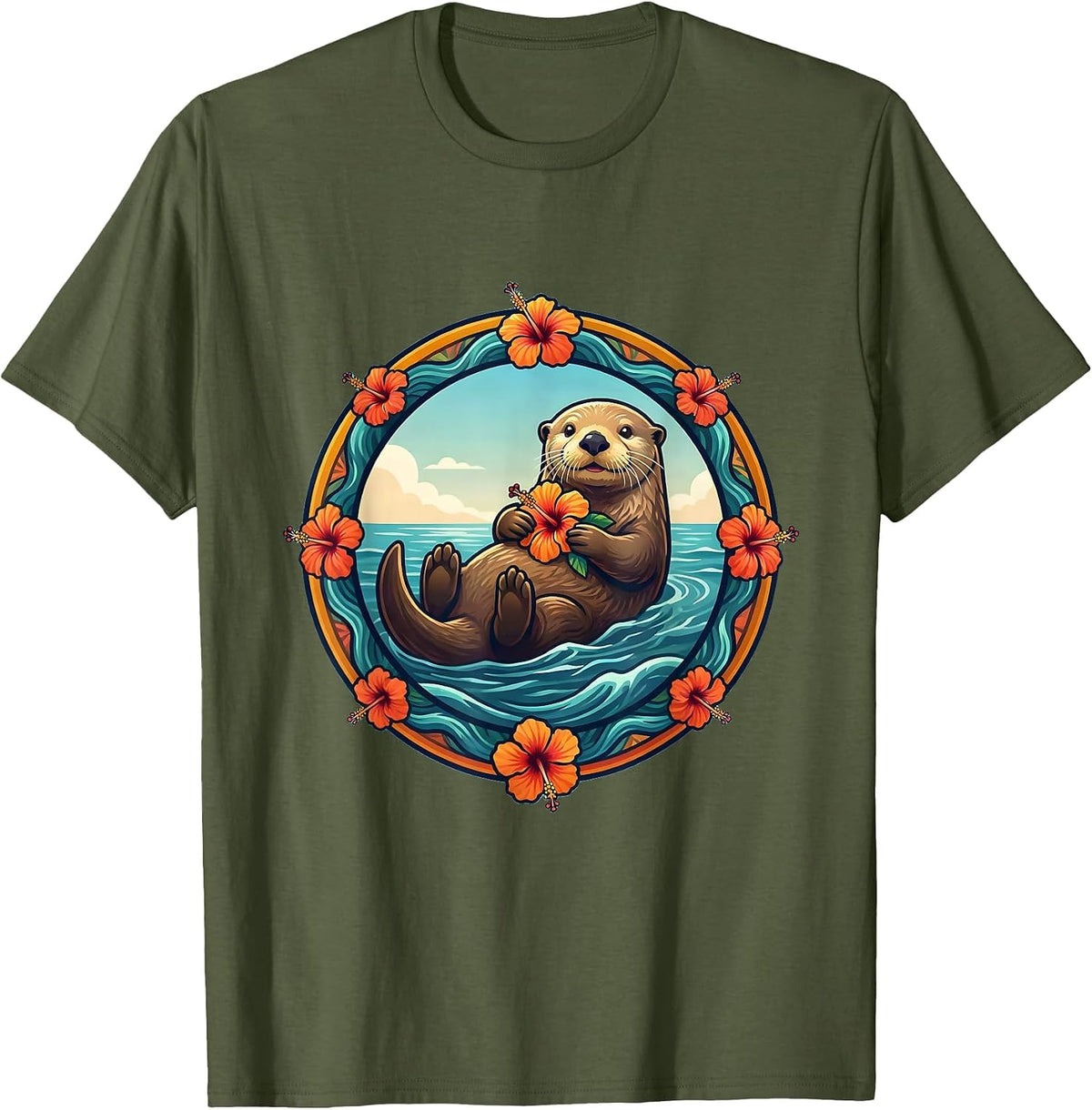 Men's Kids Hawaiian Sea Otter Hibiscus Flower Design T-Shirt - Olive Green