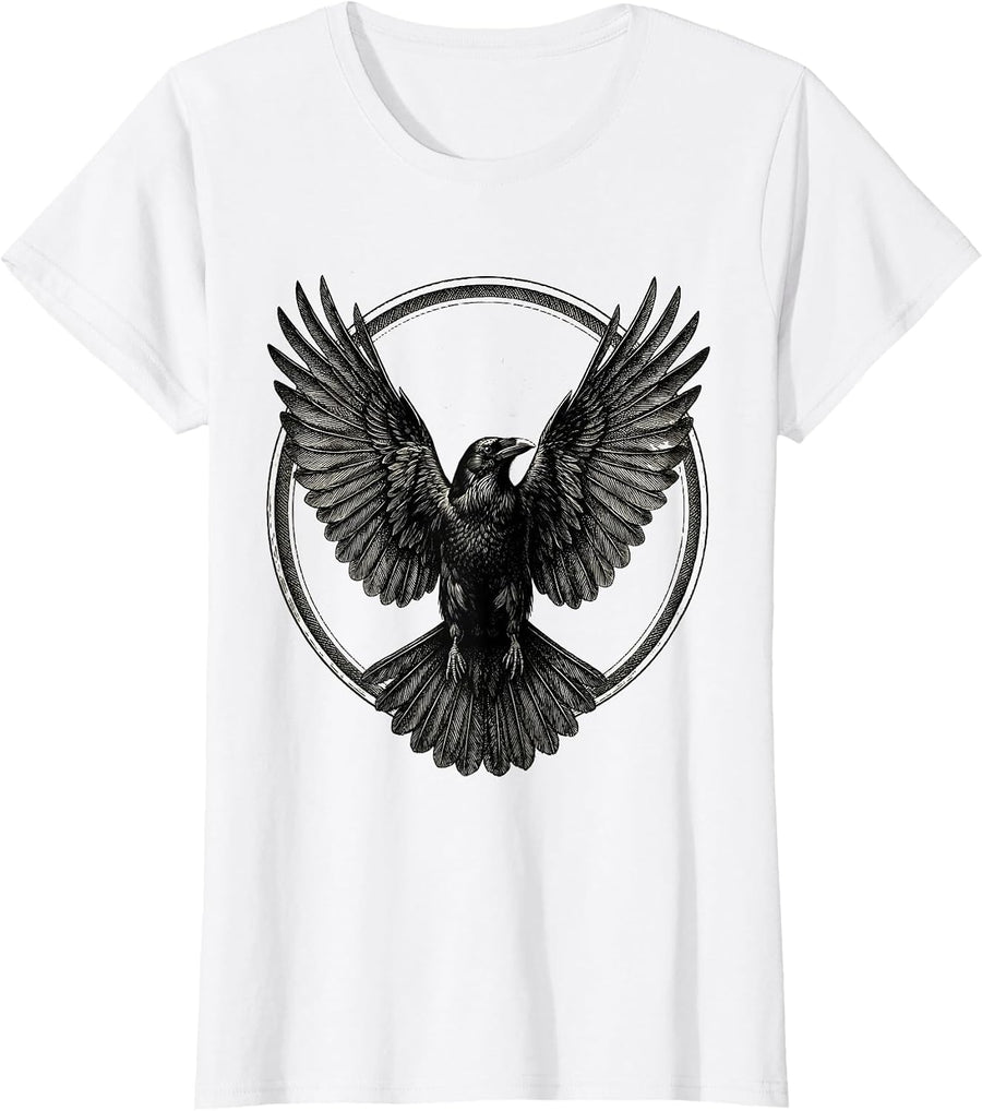 Women's Crow in Flight Spread Wings Bird Art T-Shirt - White