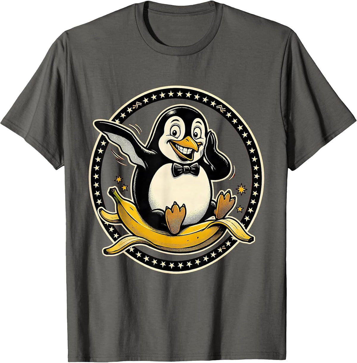 Graceful Penguin Banana Peel Slip Funny Graphic T-Shirt - Asphalt Grey