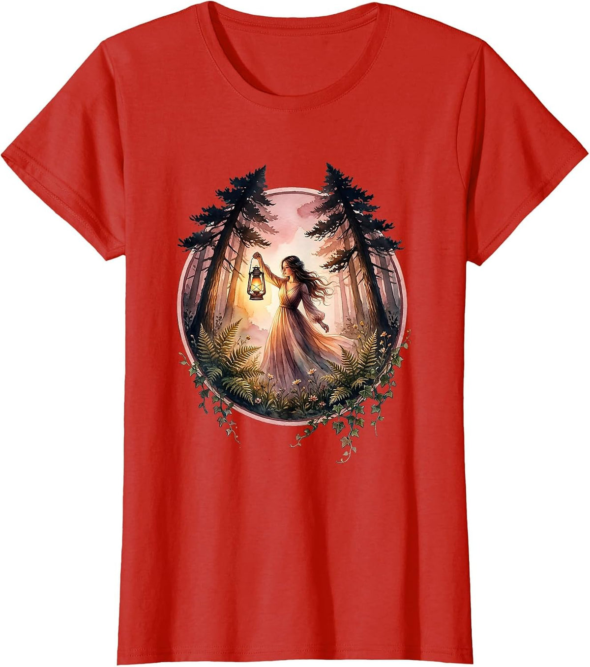 Be Kind Girl With Lantern in Deep Forest T-Shirt - Red