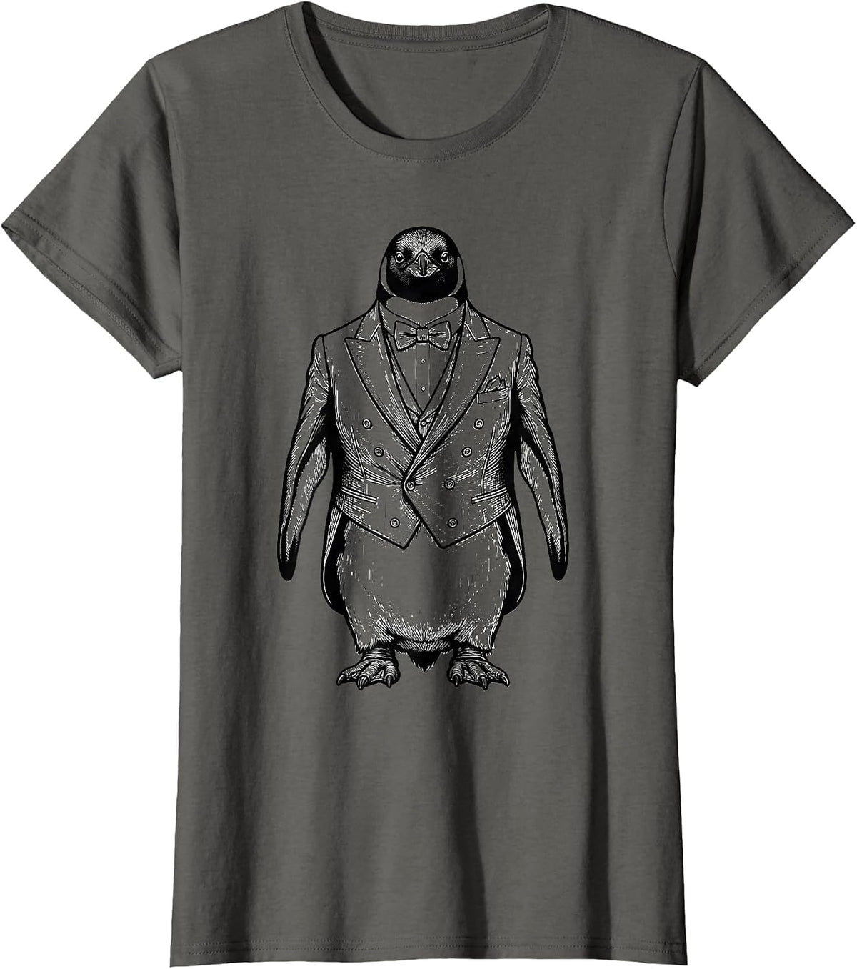 Women's Dapper Penguin in Elegant Black Tuxedo T-Shirt - Asphalt Grey