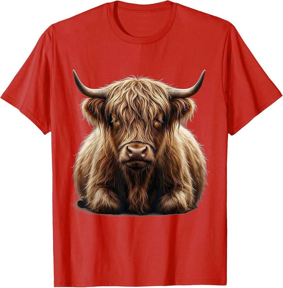 Men's Highland Cow Cute Shaggy Fringe Whimsical Humor T-Shirt - Red