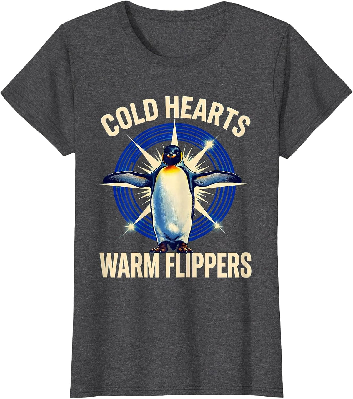 Women's Cold Hearts Warm Flippers Penguin Design T-Shirt - Dark Heather Grey