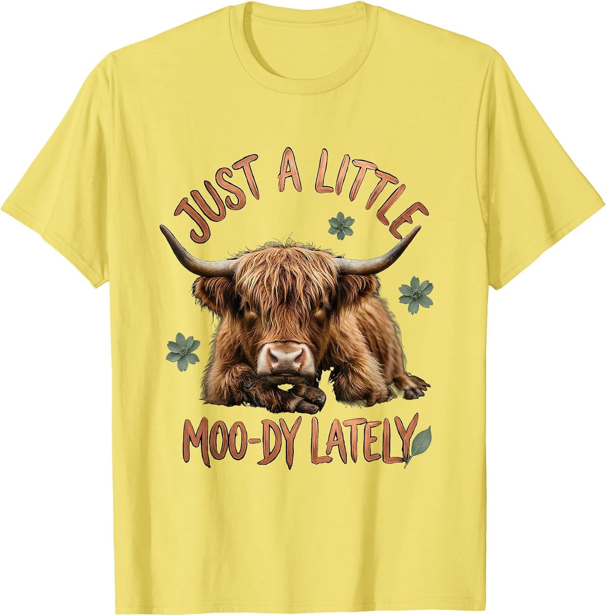 Men's Just A Little Moo-dy Lately Funny Highland Cow Boho T-Shirt - Lemon Yellow