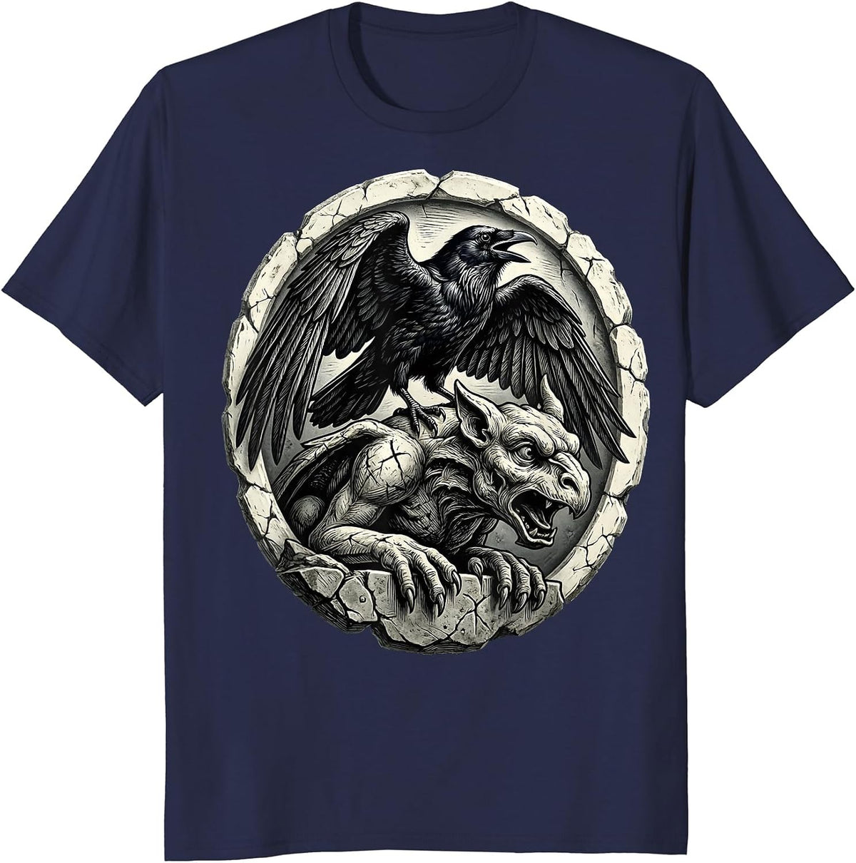 Raven and Gargoyle Gothic Dark Art Design T-Shirt - Navy Blue