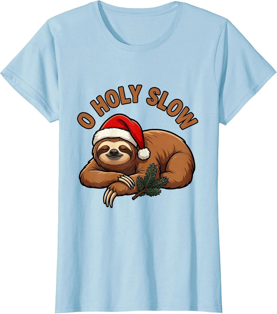 Women's O Holy Slow Funny Sloth Lover Christmas Ugly Sweater Humor T-Shirt - Baby Blue