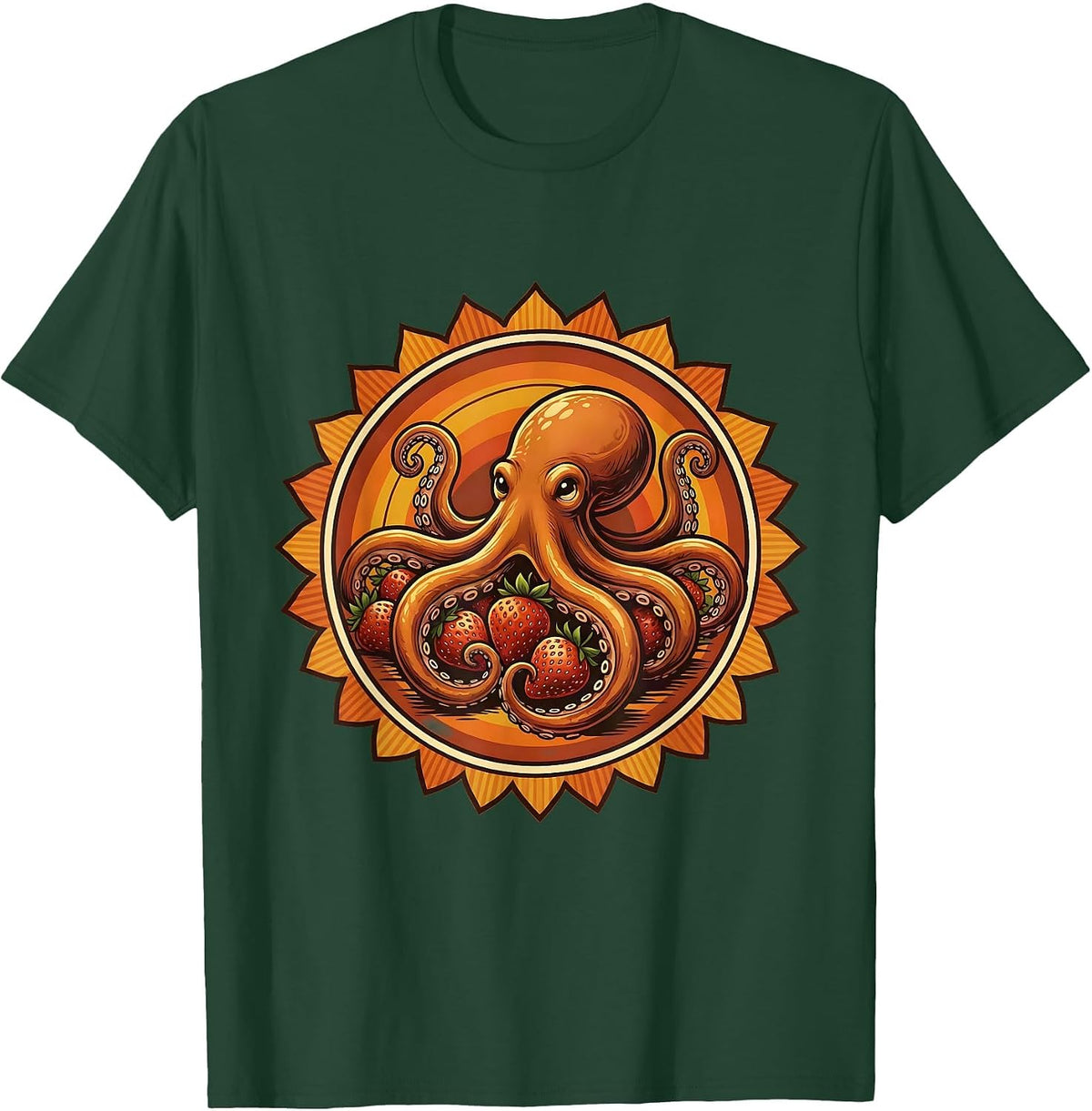 Octopus Hugging Strawberries Cute Fruit Art T-Shirt - Dark Green