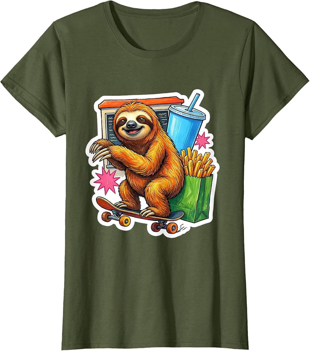 Women's Lazy Sloth Fast Food Drive-Through Skateboard T-Shirt - Olive Green