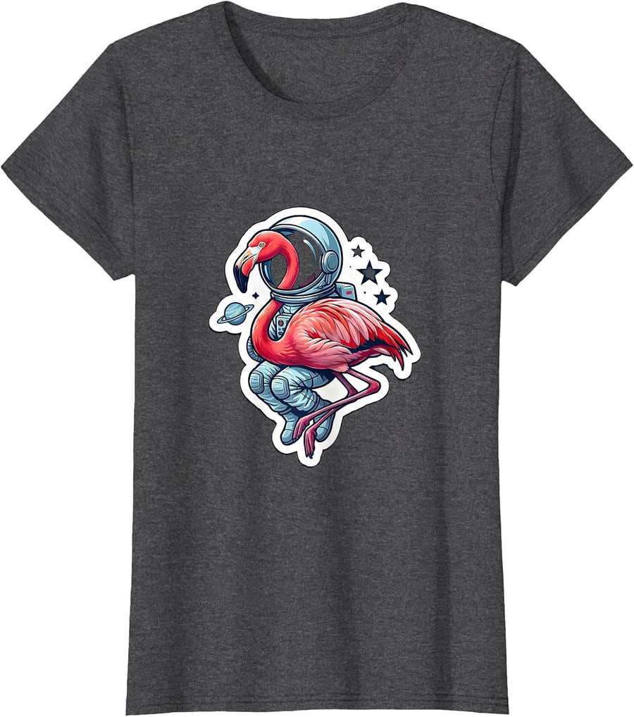 Women's Astronaut Flamingo Floating in Outer Space T-Shirt - Dark Heather Grey