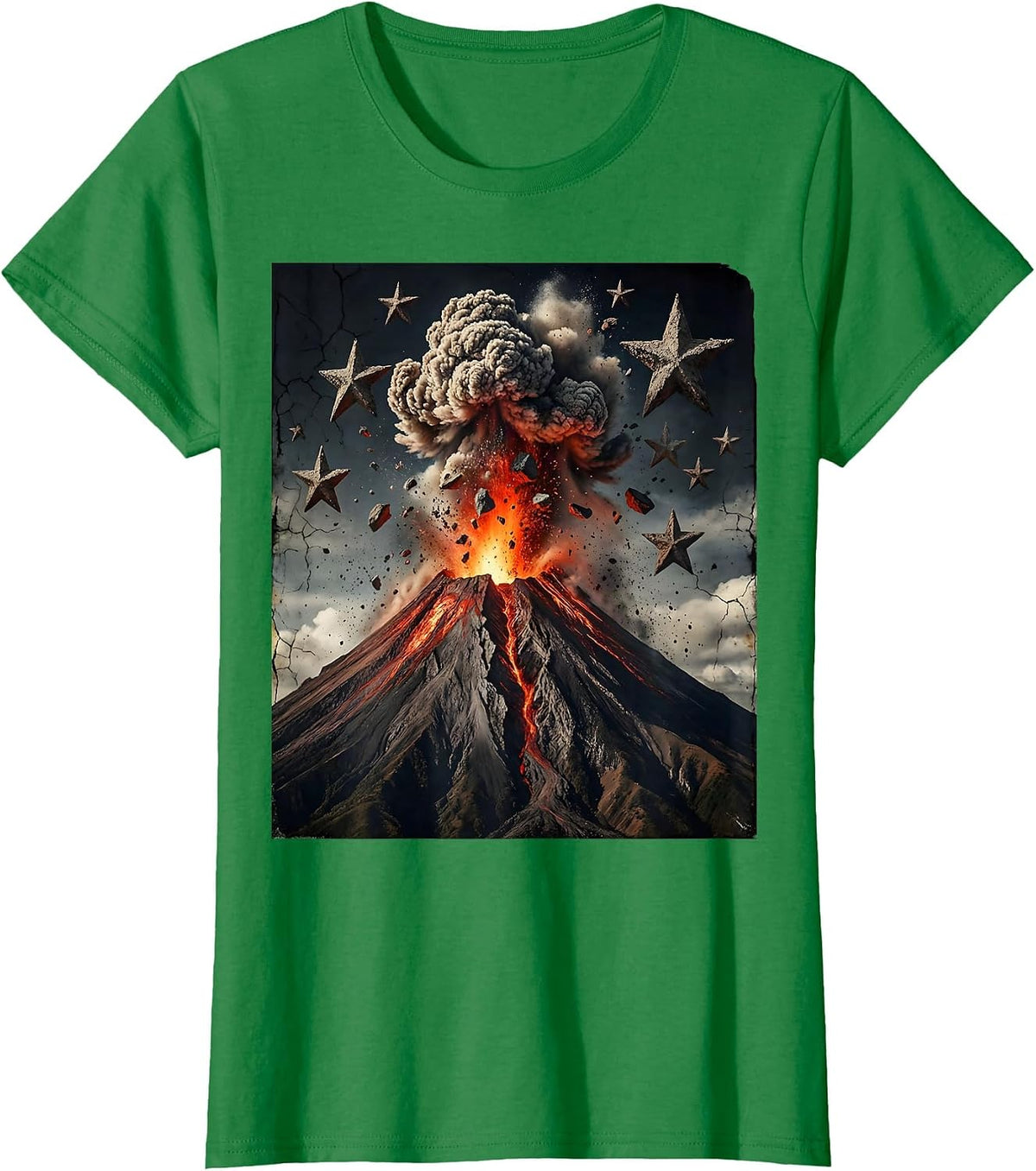 Red Volcano Erupting Under Starlit Sky Design T-Shirt - Kelly Green