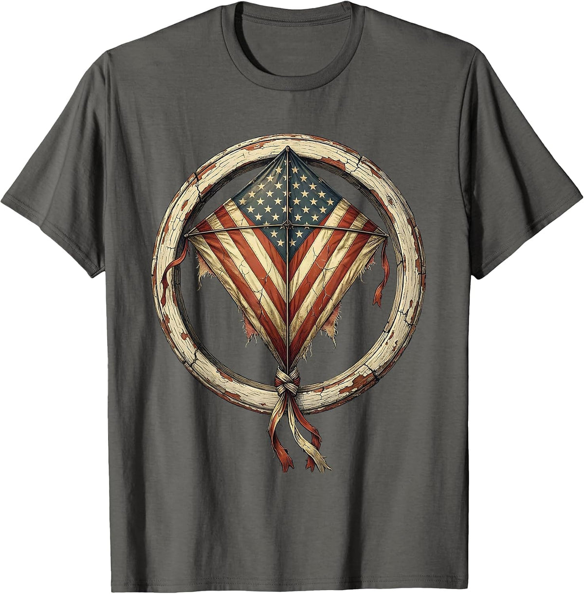 American Flag Kite Soaring Over Open Field T-Shirt - Asphalt Grey