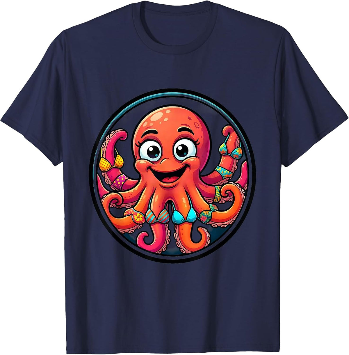 Men's Octopus Wearing Colorful Bikini Tops Graphic Tee T-Shirt - Navy Blue