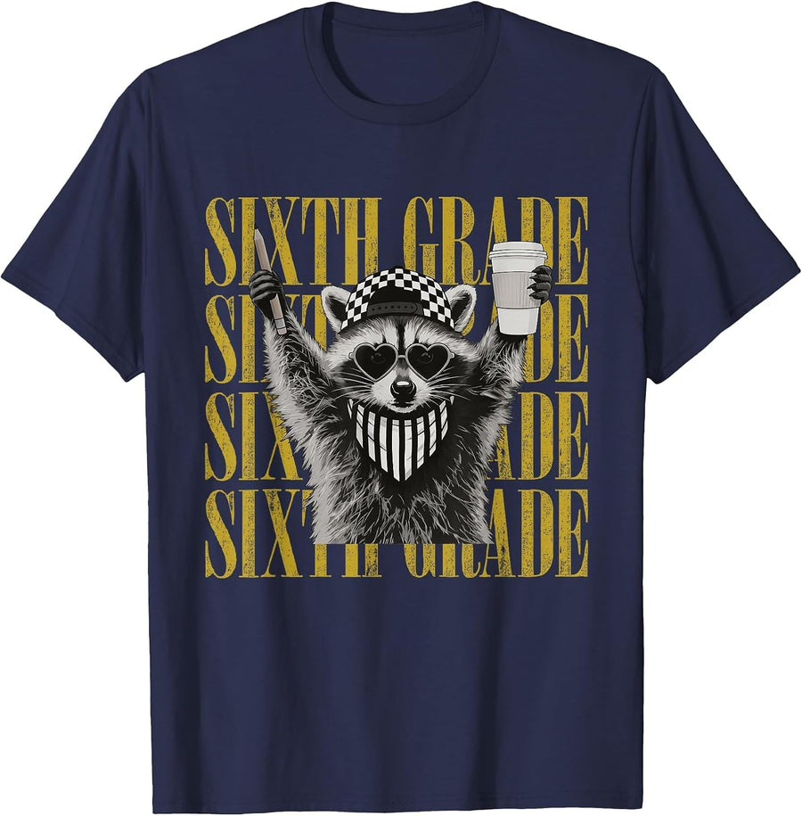 Funny Sixth Grade Teacher Feral Raccoon Back to School T-Shirt - Navy Blue