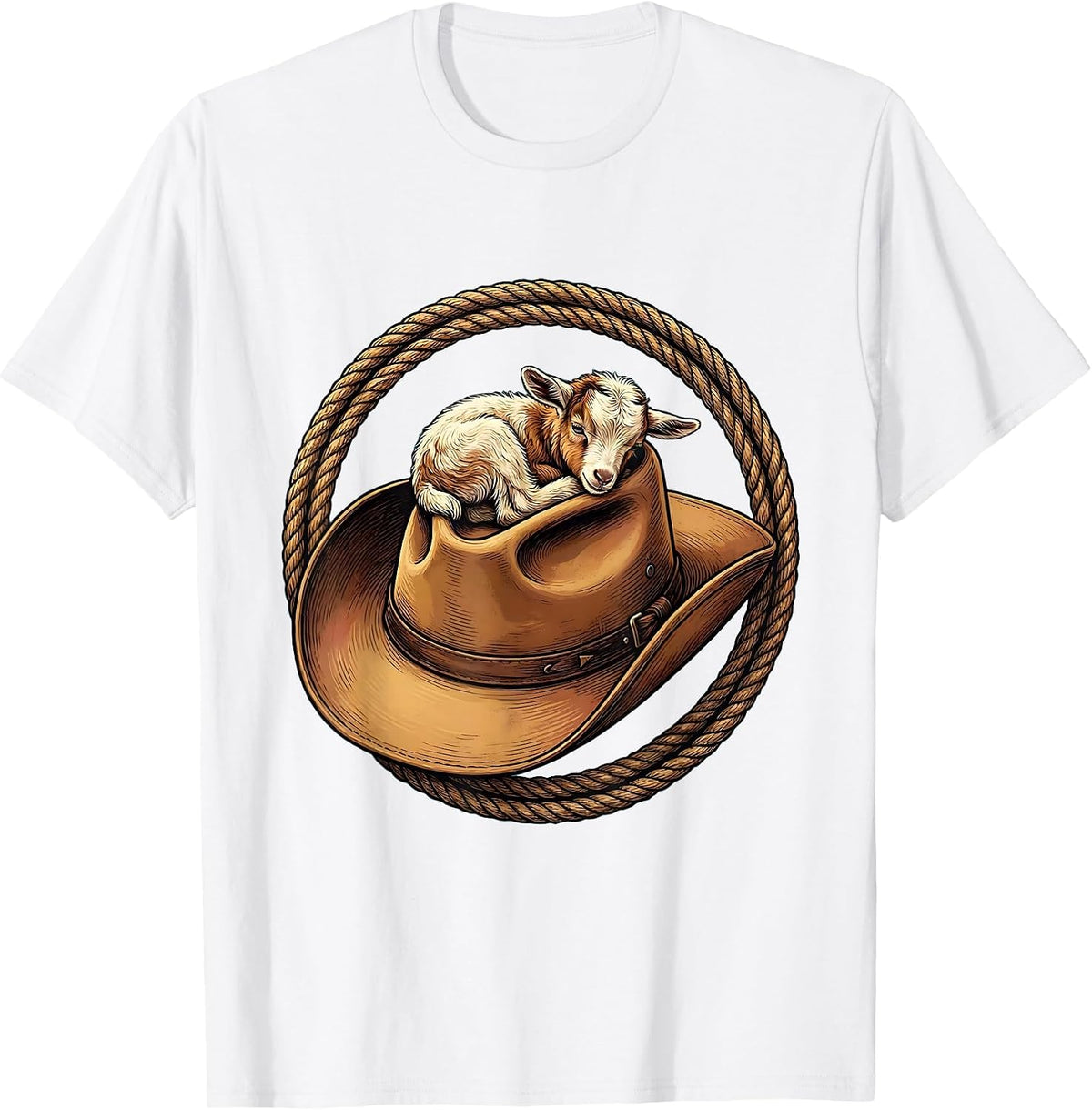 Men's Baby Goat Curled in Cowboy Hat Illustration T-Shirt - White