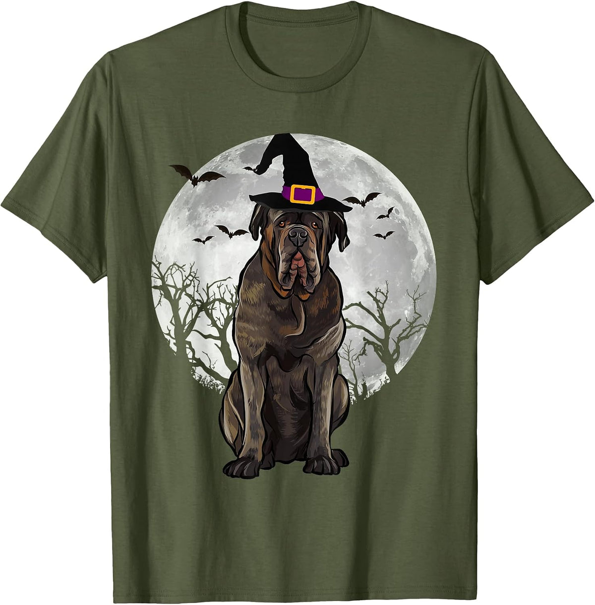 Scary Neapolitan Mastiff Dog Witch Hat Halloween T-Shirt - Olive Green
