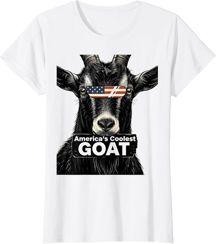 Women's America's Coolest GOAT Funny Goat Sunglasses Patriotic Humor T-Shirt - White