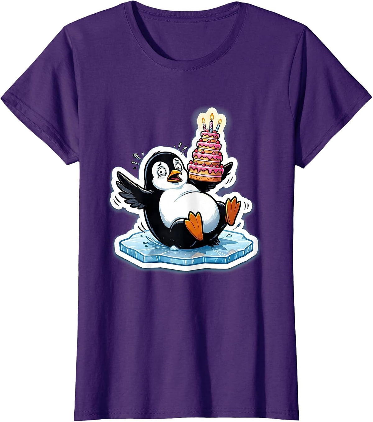 Women's Penguin Slipping on Ice With Birthday Cake T-Shirt - Purple
