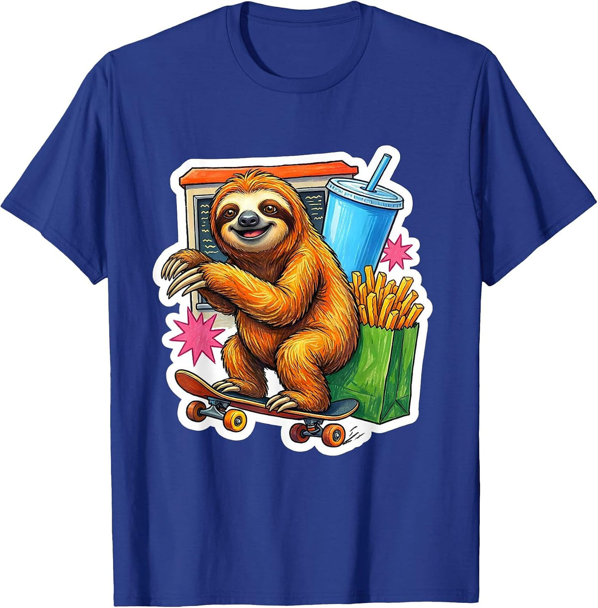 Men's Lazy Sloth Fast Food Drive-Through Skateboard T-Shirt - Royal Blue