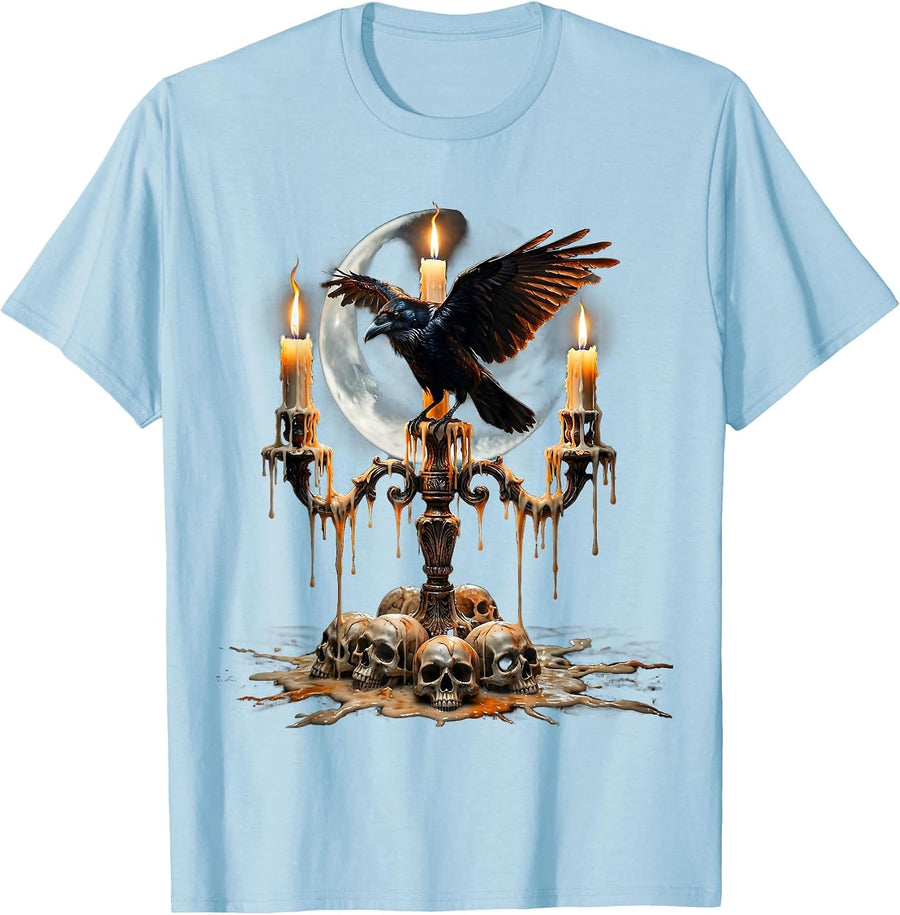 Men's Crow on Candelabra Gothic Candlelight Illustration T-Shirt - Baby Blue