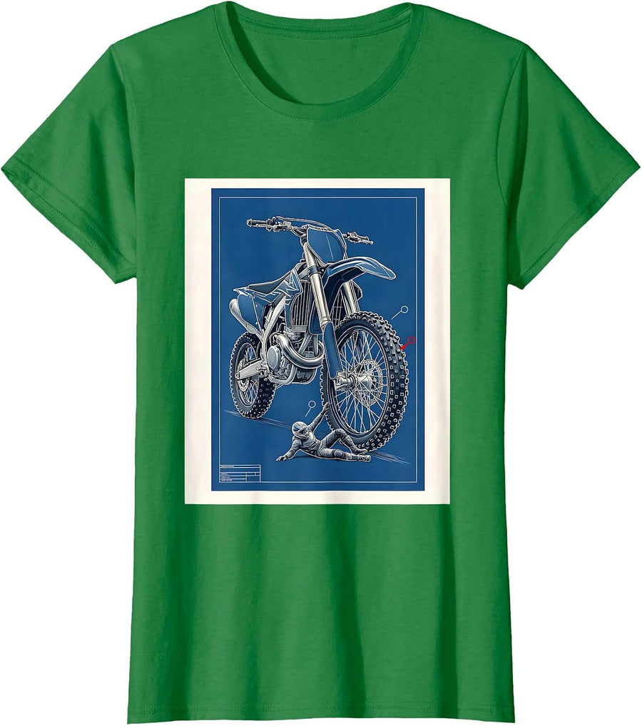 Women's Dirt Bike Crash Technical Blueprint Motocross Rider Humor T-Shirt - Kelly Green