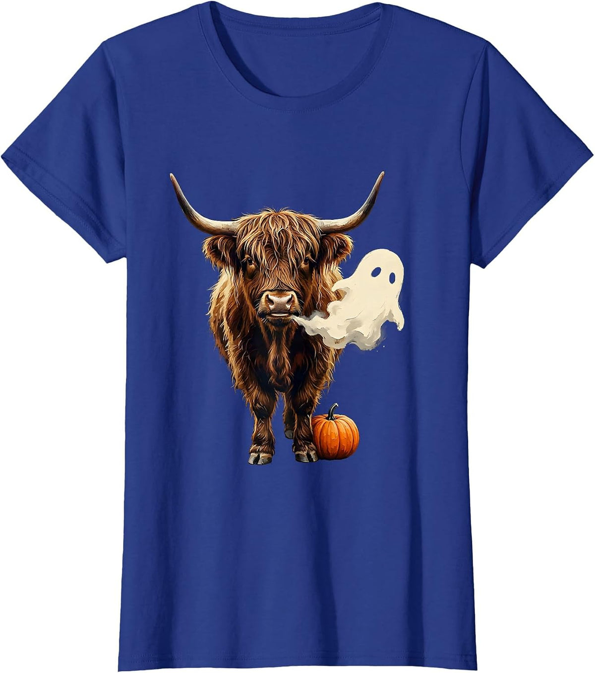 Women's Shaggy Highland Cow Ghost Pumpkin Spooky Halloween Humor T-Shirt - Royal Blue