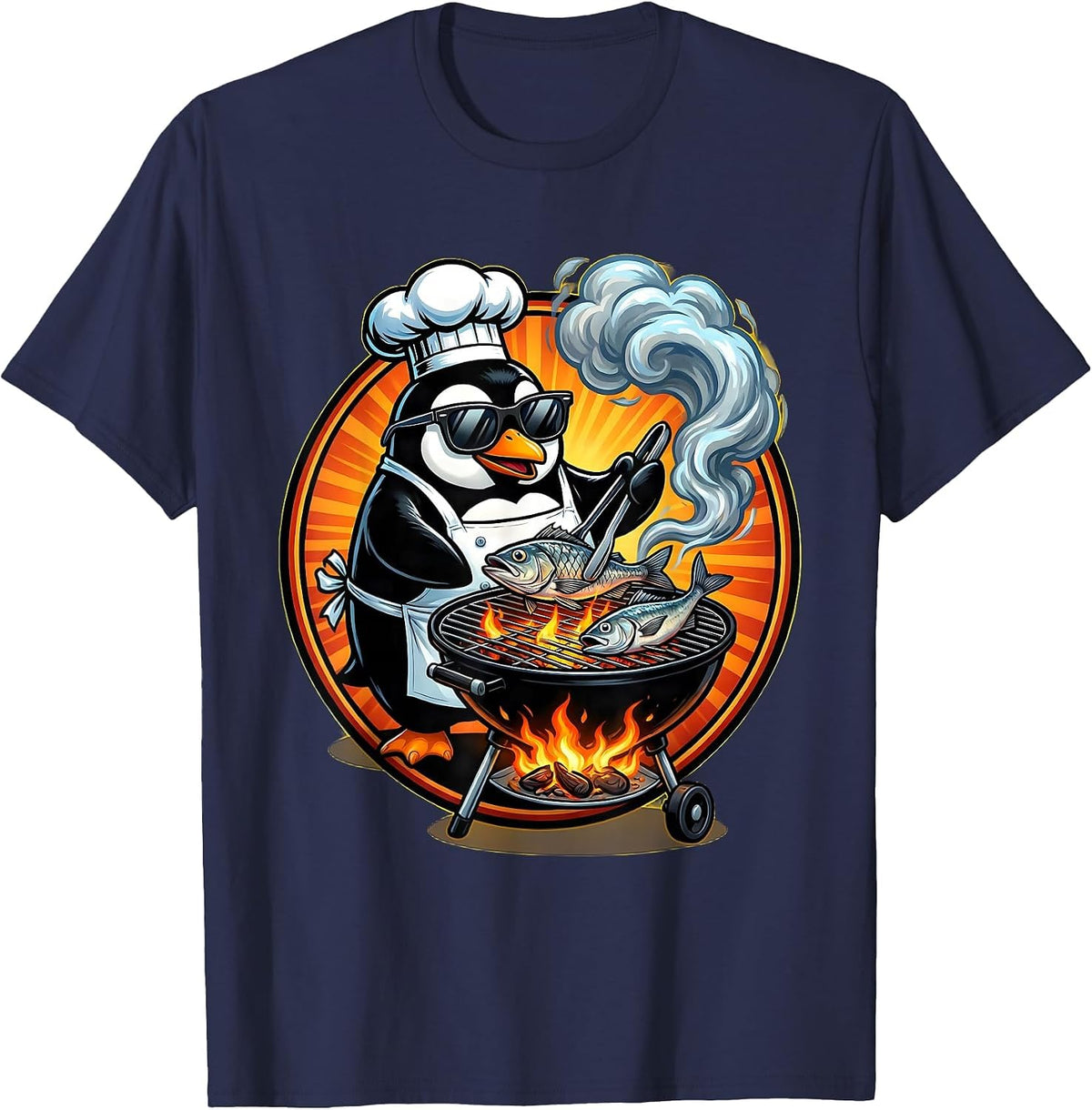 Men's Penguin Grilling Fish Summer BBQ Funny Design T-Shirt - Navy Blue
