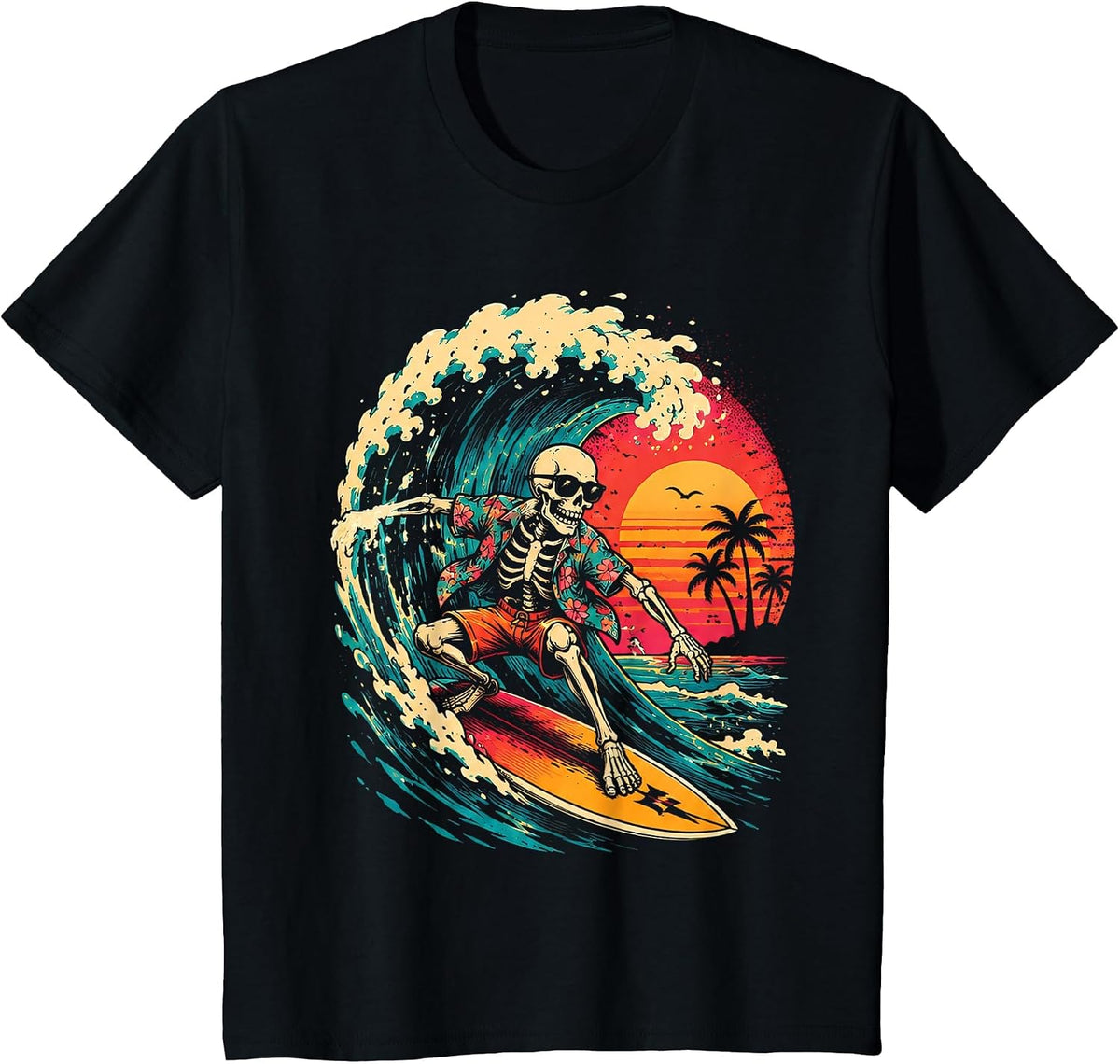 Vintage Surfing Skeleton Halloween Surfboard for Men Boys T-Shirt - Black