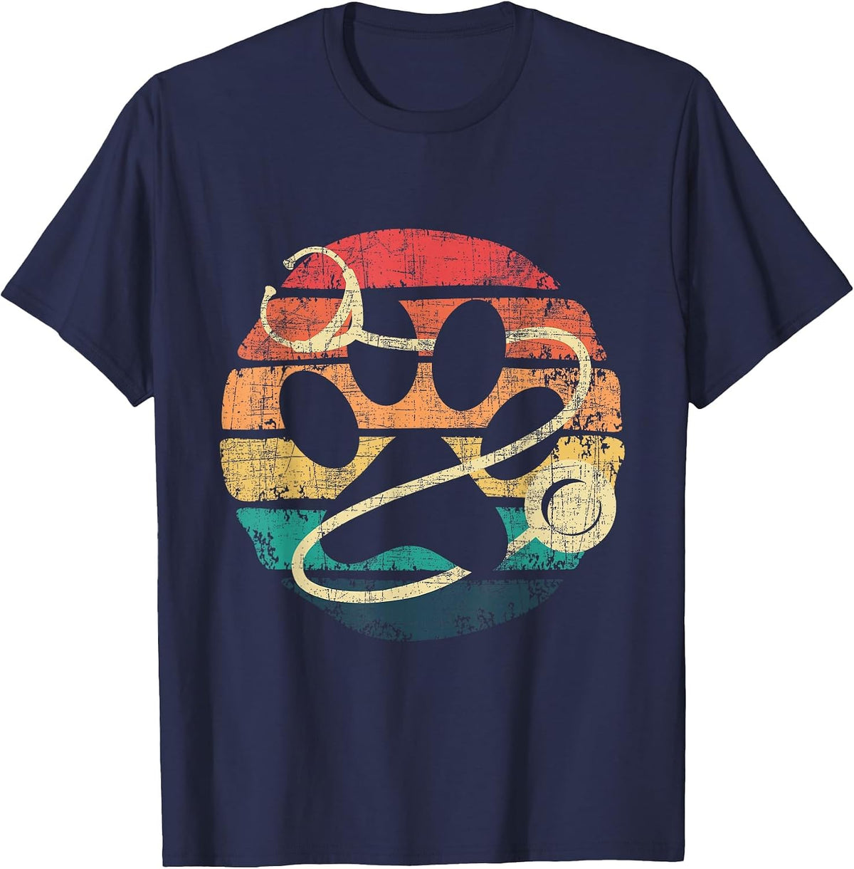 Retro Stethoscope - Dog Paw Print Veterinarian Veterinary T-Shirt - Navy Blue