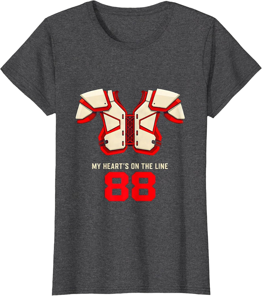 Women's My Heart's On The Line 88 Football Lineman Mom Jersey Number T-Shirt - Dark Heather Grey
