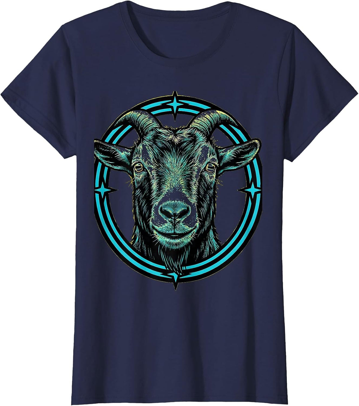 Women's Goat Staring Directly Into Camera Illustration T-Shirt - Navy Blue