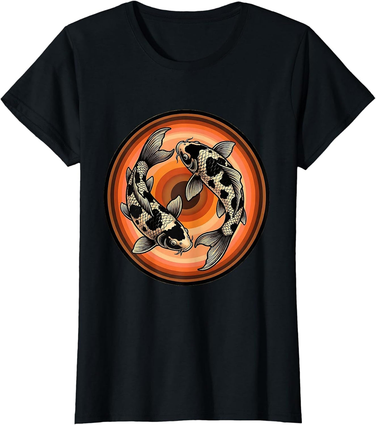 Cow Print Koi Fish Swimming Upward Graphic T-Shirt - Black