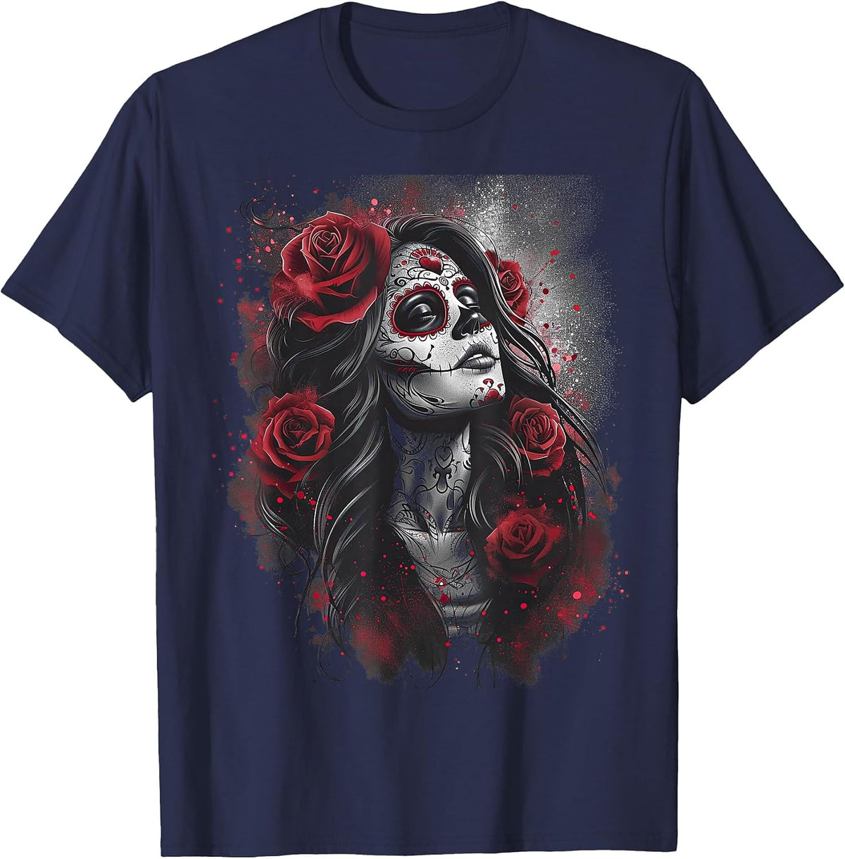 Cute Sugar Woman Day of the Dead Pink Girl T-Shirt - Navy Blue