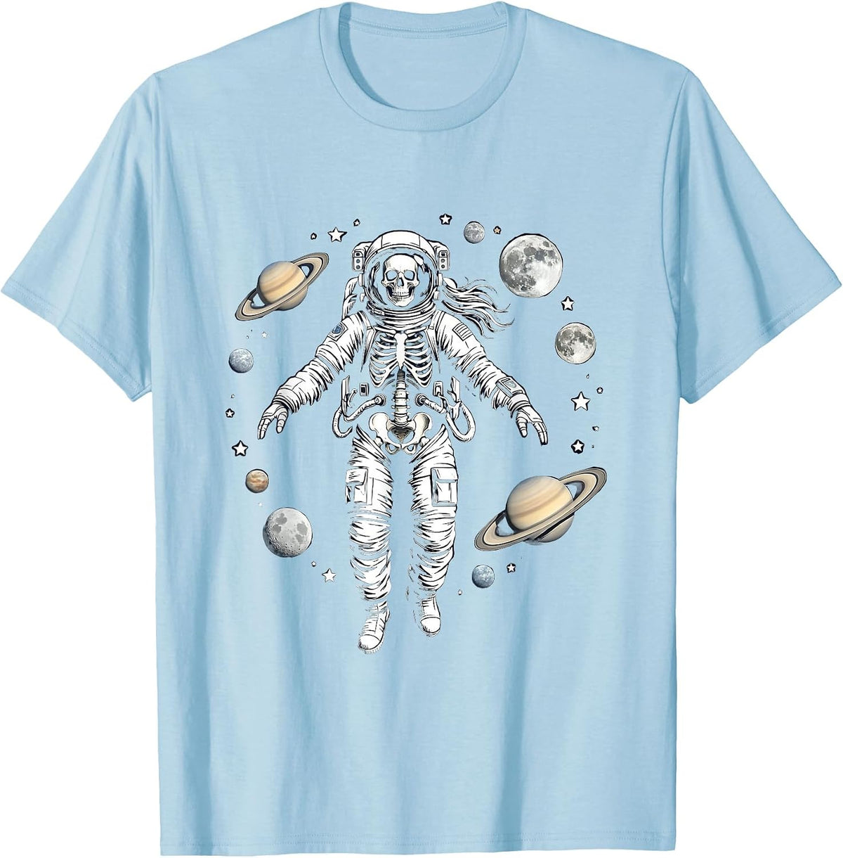 Men's Skeleton Astronaut Floating Among the Planets T-Shirt - Baby Blue