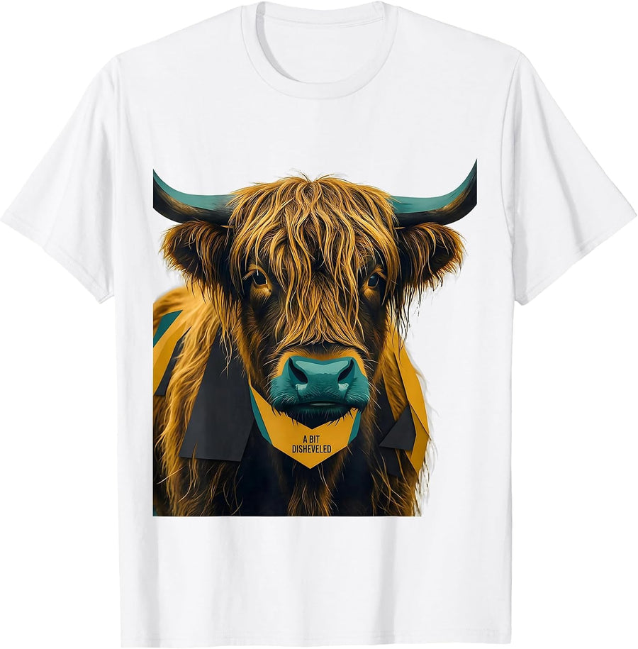 Men's A Bit Disheveled Midcentury Modern Highland Cow Funny T-Shirt - White