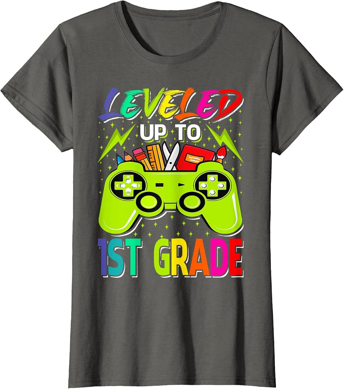 Leveled Up to 1st Grade Gamer Back to School First Day Boys T-Shirt - Asphalt Grey