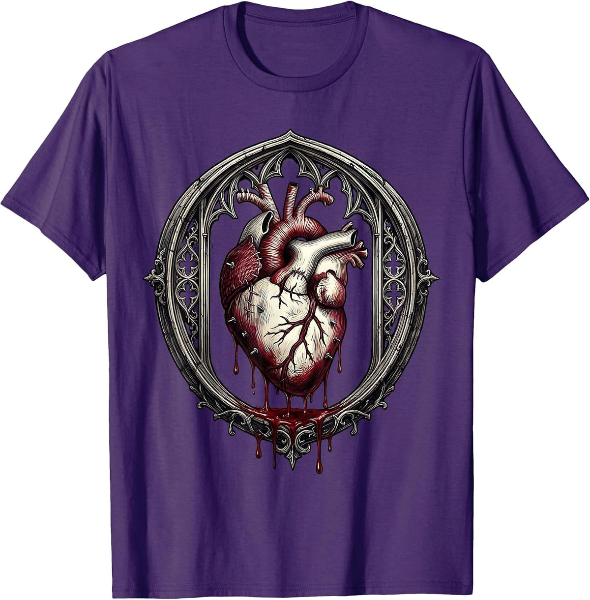 Bloody Stitched Heart Gothic Dark Art Design T-Shirt - Purple