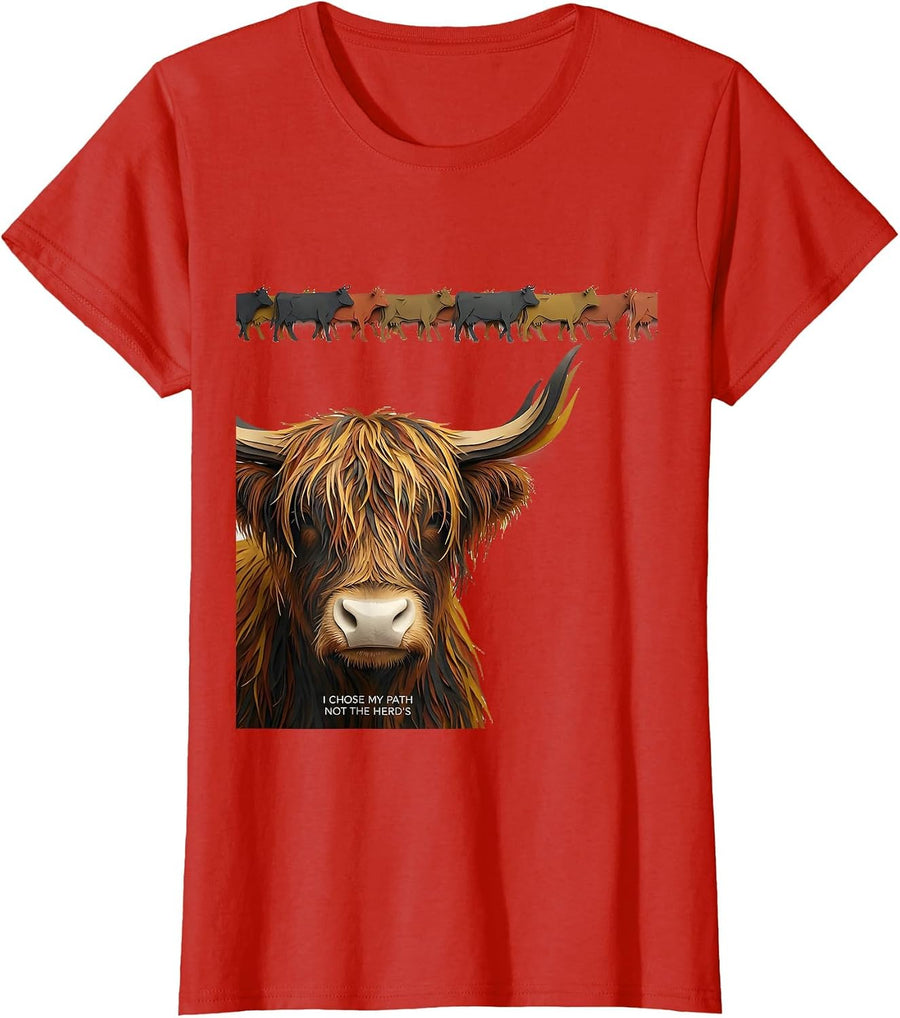 Women's I Chose My Path, Not The Herd's Funny Highland Cow Farm T-Shirt - Red