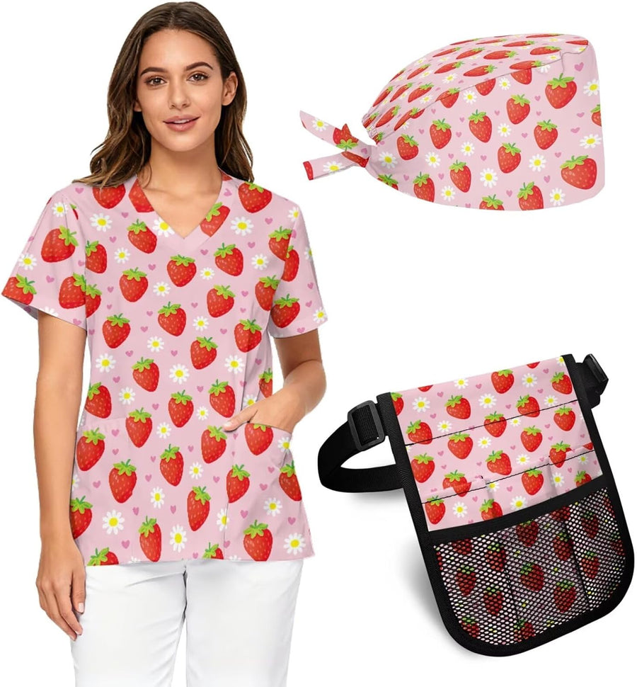 Three-Piece Set for Women's Medical Workwear V-neck Top with Waist Bag＆Work Cap Easy Care Nurse Uniform Suitable - Red