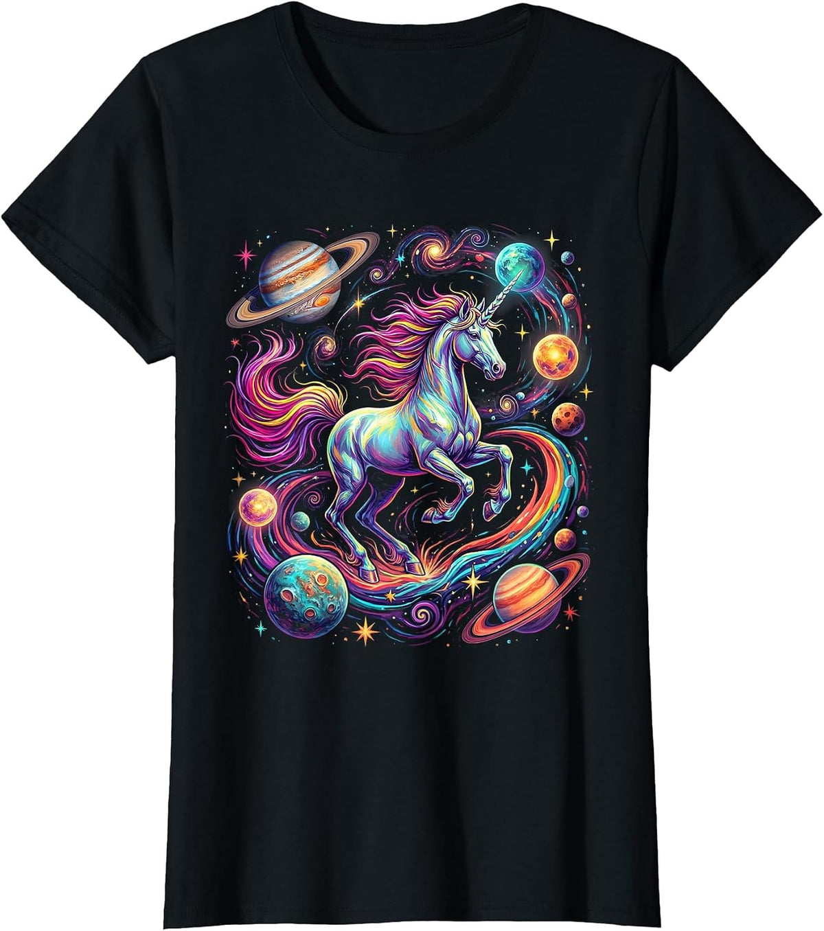 Women's Unicorn Floating in Outer Space With Planets T-Shirt - Black