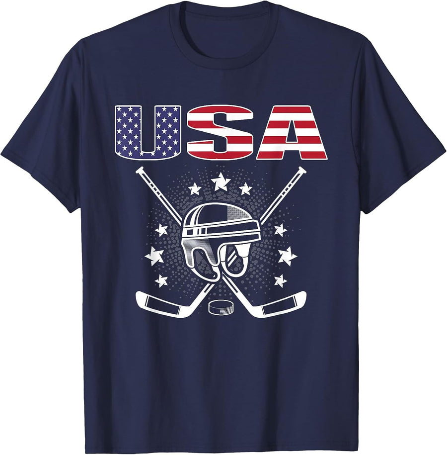 America Ice Hockey Lovers Jersey - USA Flag Hockey Team Fans T-Shirt - Navy Blue