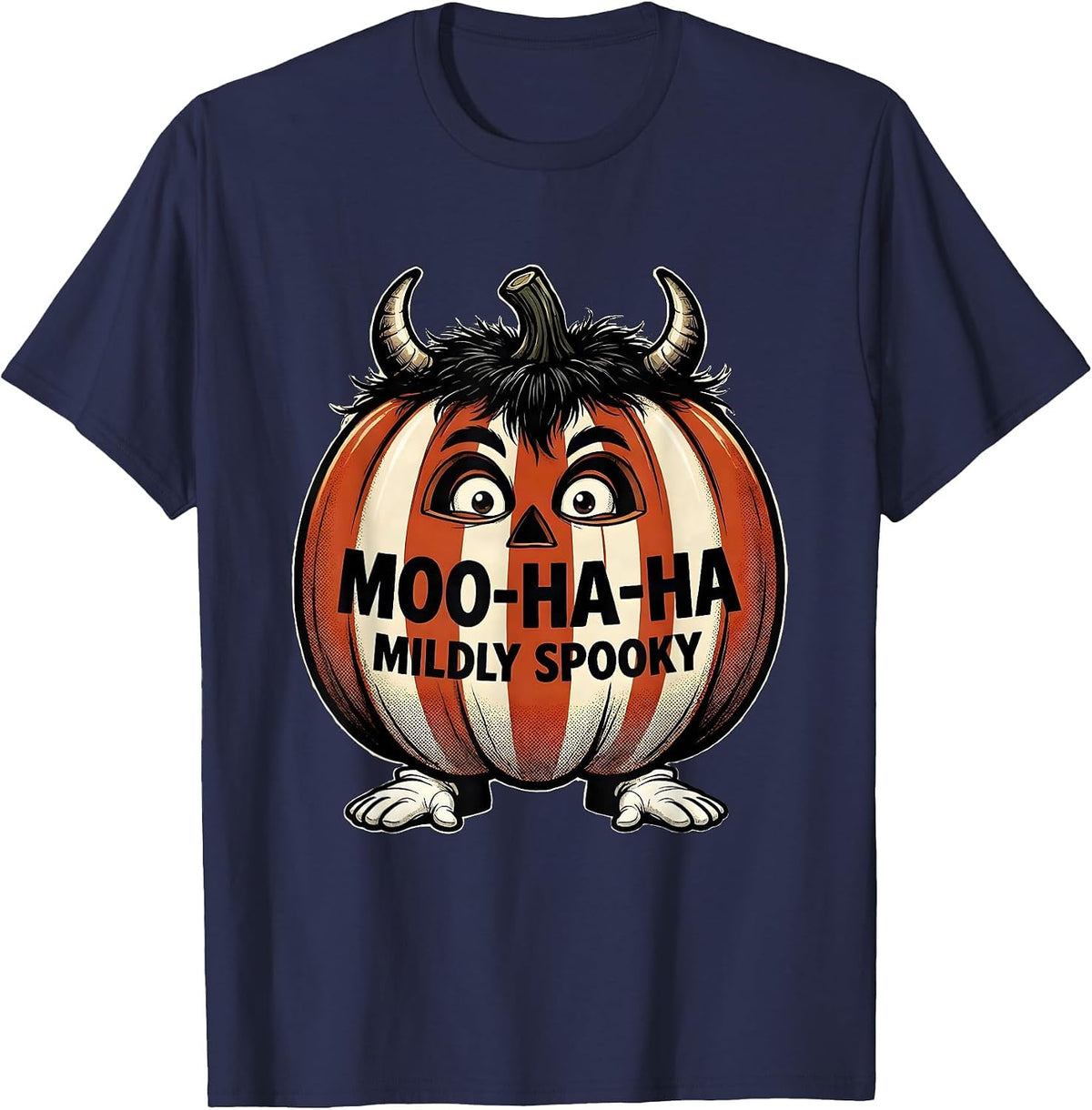 Moo-Ha-Ha, Mildly Spooky Retro Cartoon Highland Cow T-Shirt - Navy Blue