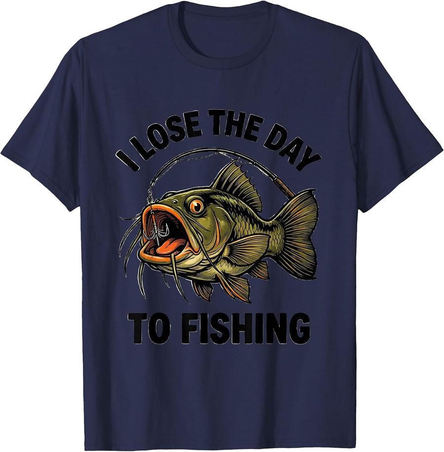 I Lose The Day To Fishing Funny Cartoon Catfish Angler Humor T-Shirt - Navy Blue