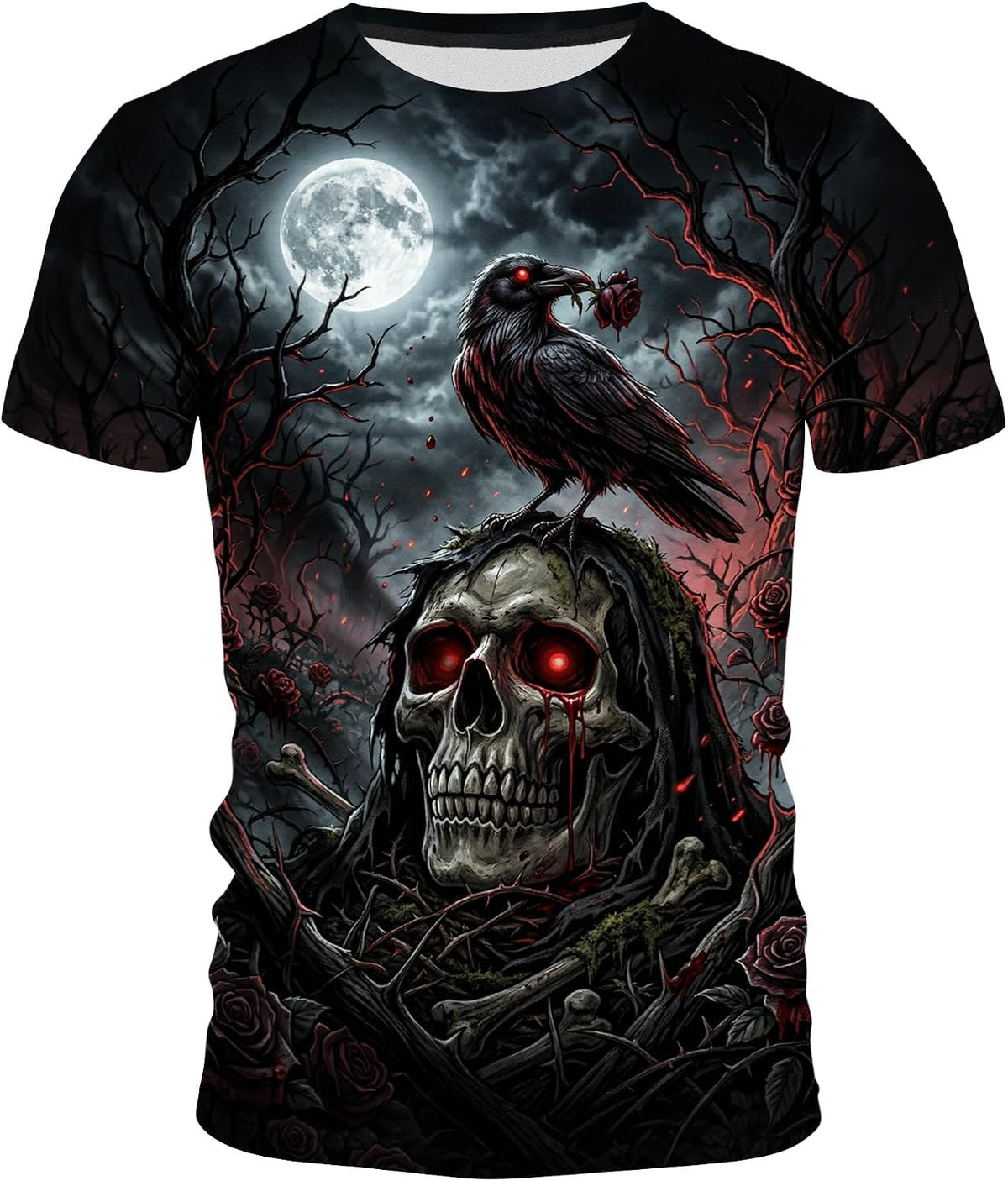 Men's Gothic Skull Graphic T-Shirt Short Sleeve Crewneck Summer Polyester Tee - Raven Skull Black-1