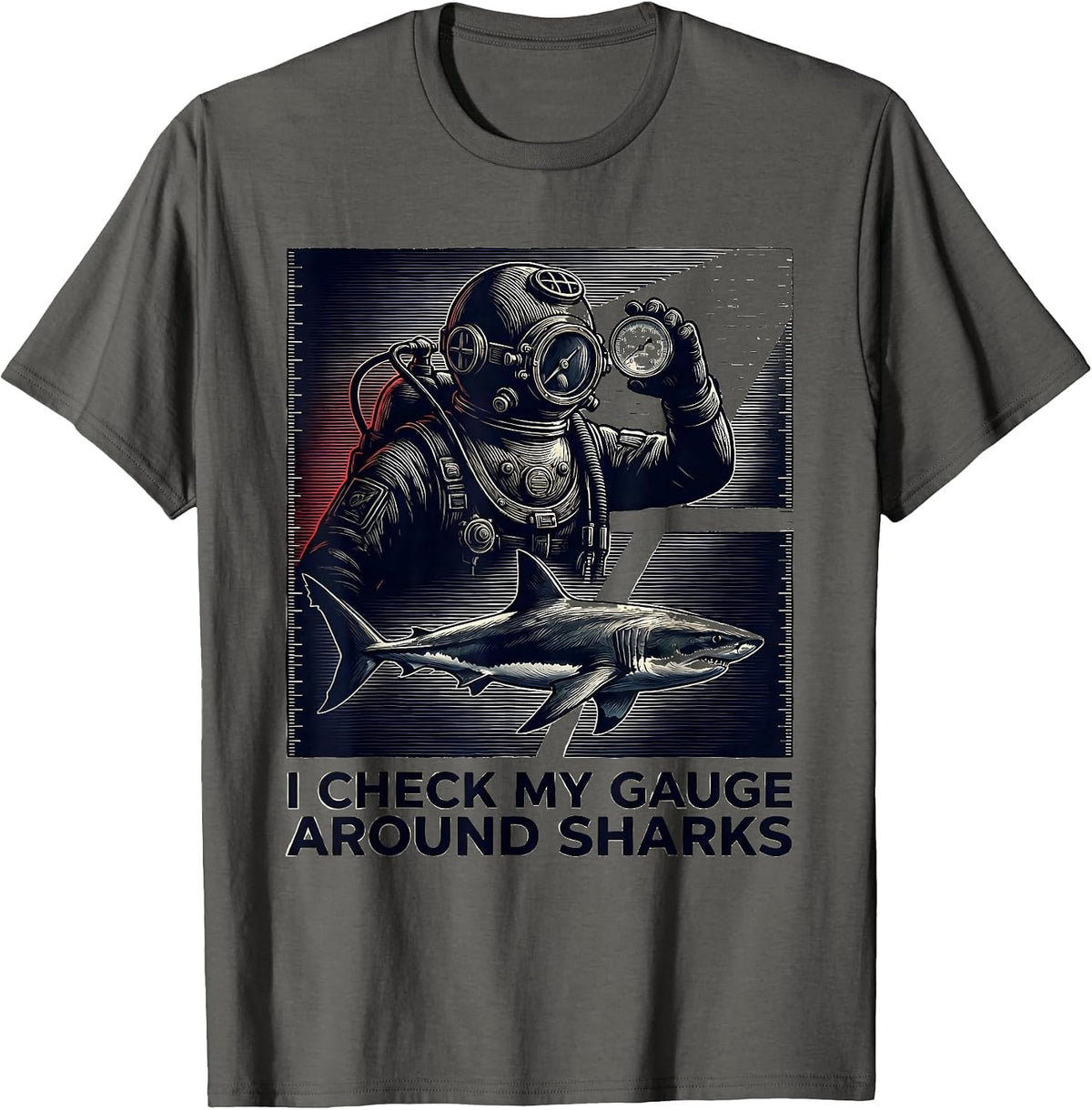 Men's I Check My Gauge Around Sharks Funny Scuba Diver Gift T-Shirt - Asphalt Grey