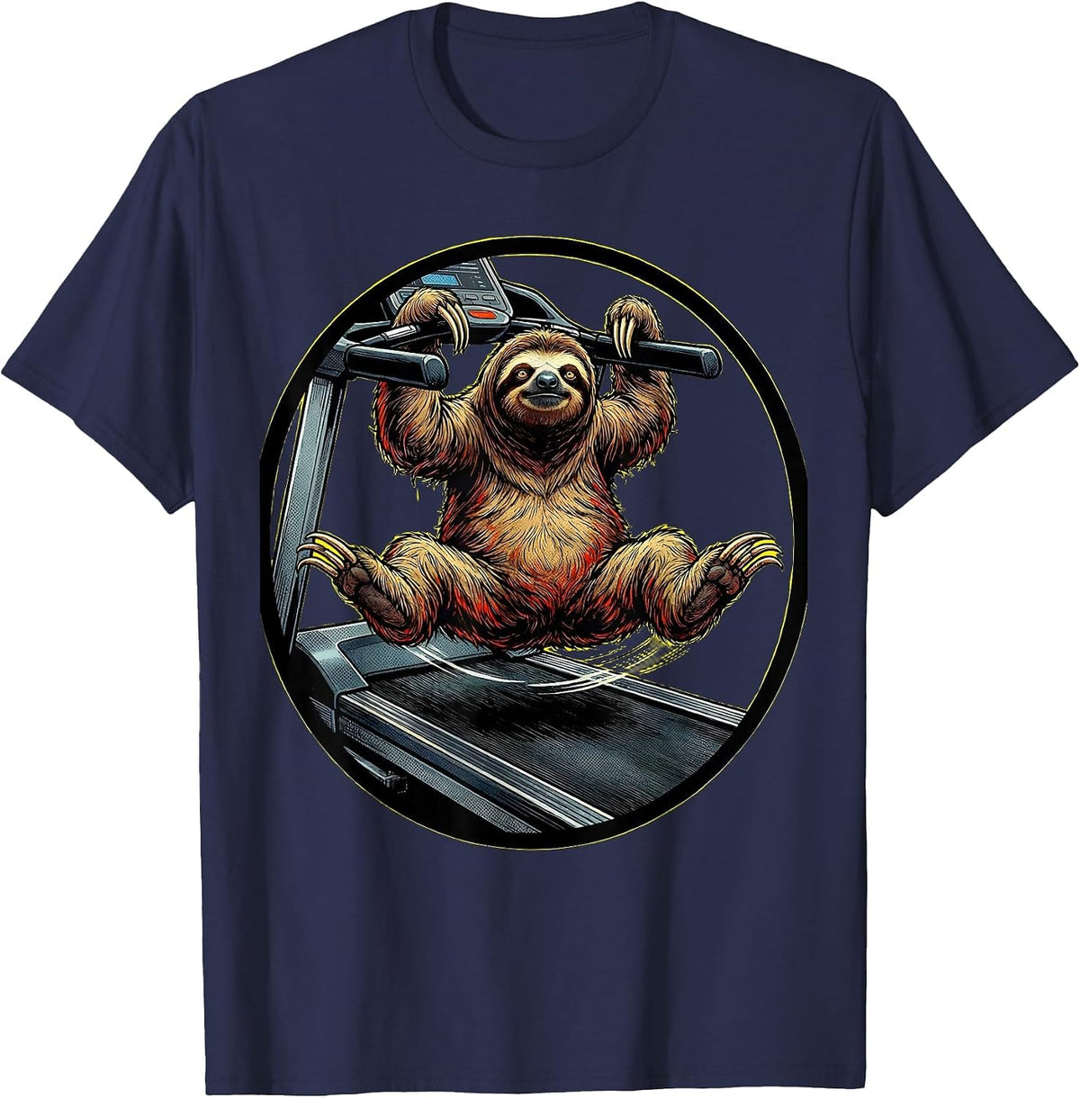 Funny Sloth Hanging On Treadmill Humor Graphic T-Shirt - Navy Blue