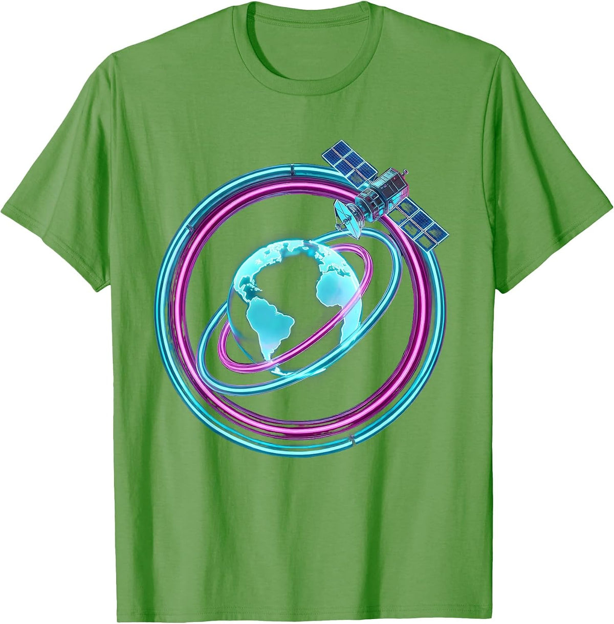 Y2K Satellite Orbit Earth Retro Space Graphic T-Shirt - Grass Green