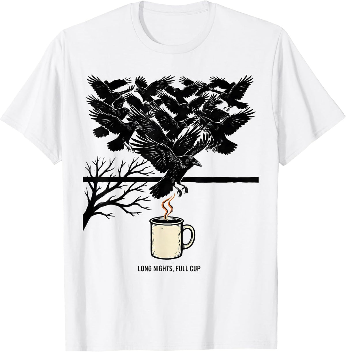 Men's Long Nights, Full Cup Gothic Crow Coffee Halloween Season T-Shirt - White