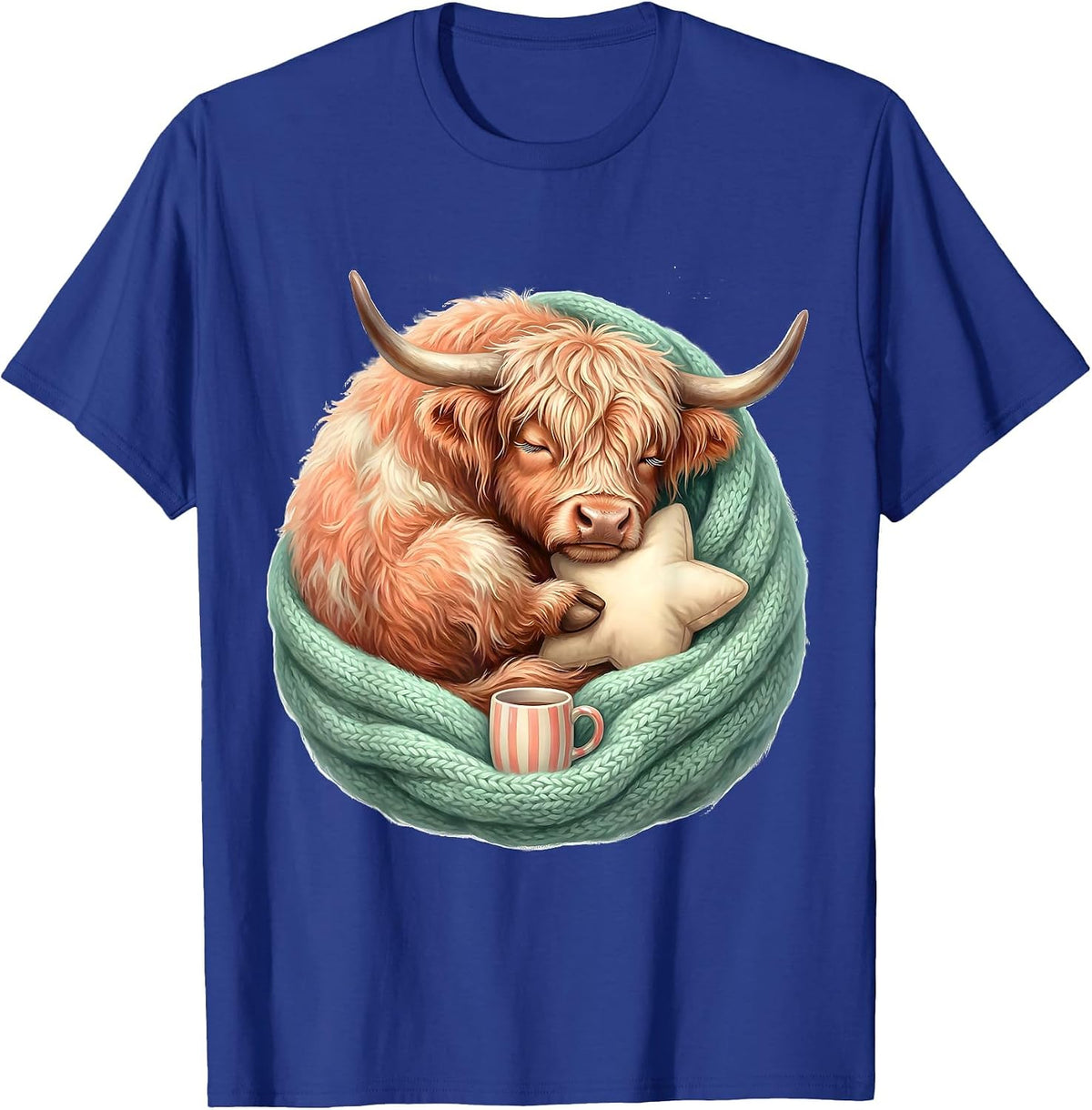 Sleepy Highland Cow Kawaii Holiday Pajama Gift T-Shirt - Royal Blue