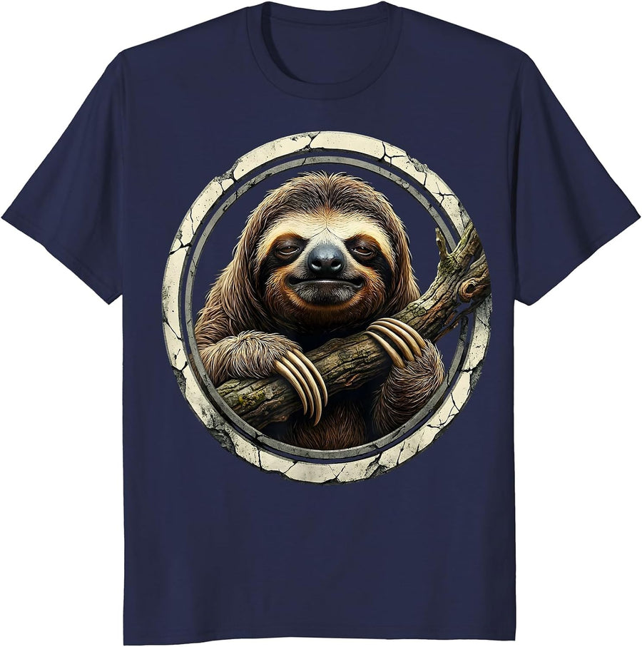 Tired Sloth Hanging From Branch Illustration T-Shirt - Navy Blue